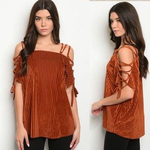 5⭐ Brand new Rust/orange velvet lace up cold shoulder top